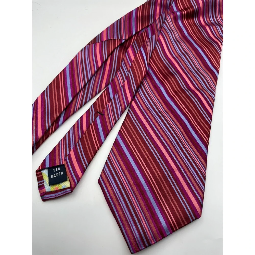 Ted Baker London Mens Silk Necktie Burgundy Pink Purple Striped Hand Tailored